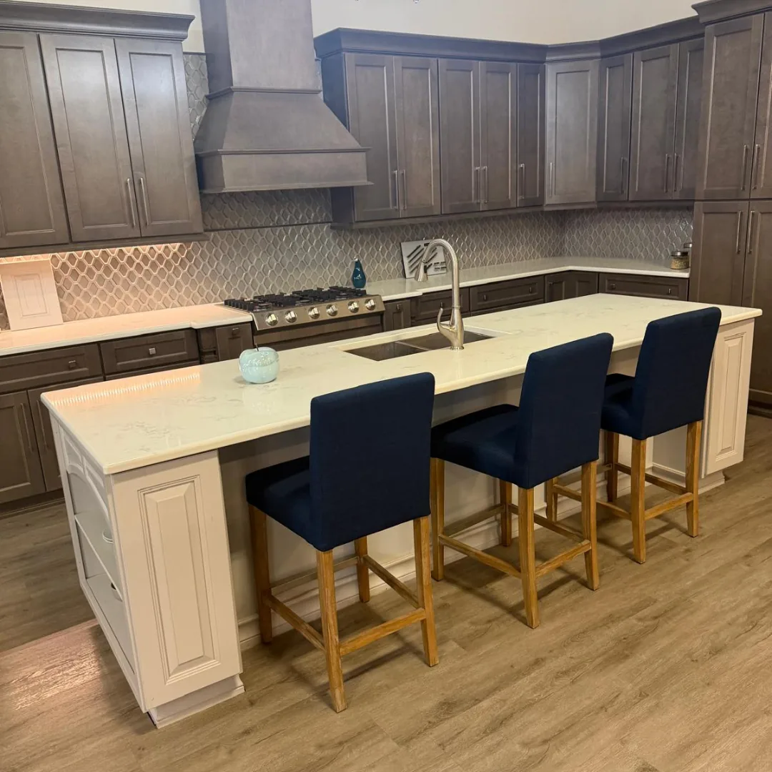 Modern kitchen with dark cabinets and island